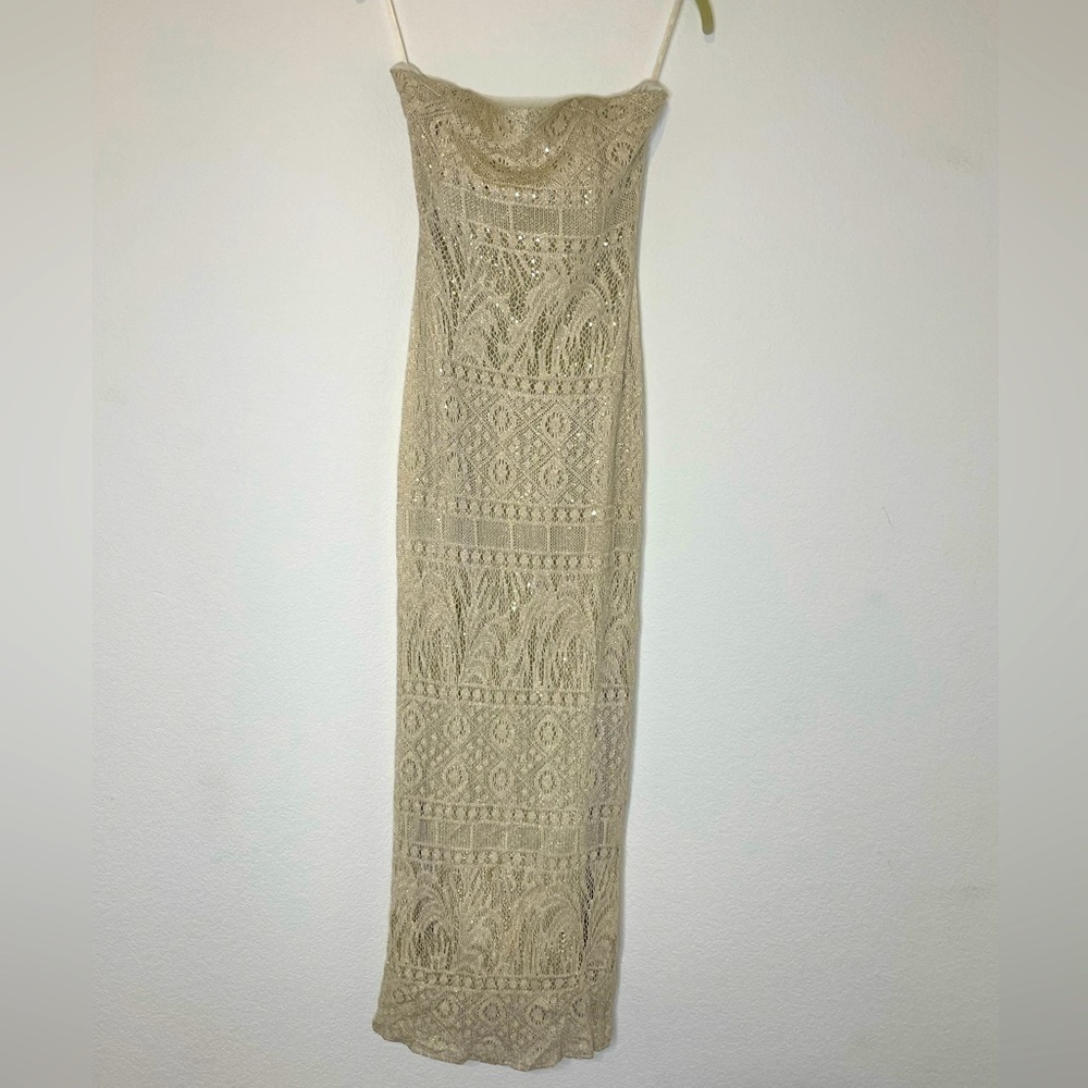 Gunne Sax dress maxi gown by Jessica Mclintock sz 7 knit gold sequin strapless